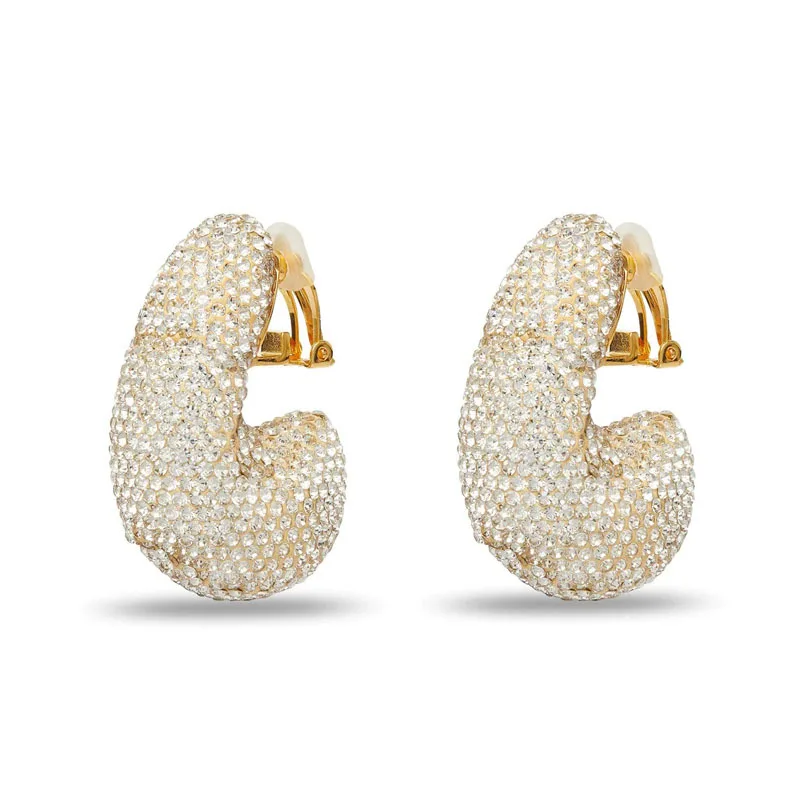 Dazzling Blue Rhinestone Kidney Shape Earrings Clip On Earrings Women Unique Curved Design Sparkling Crystal Jewelry for Party