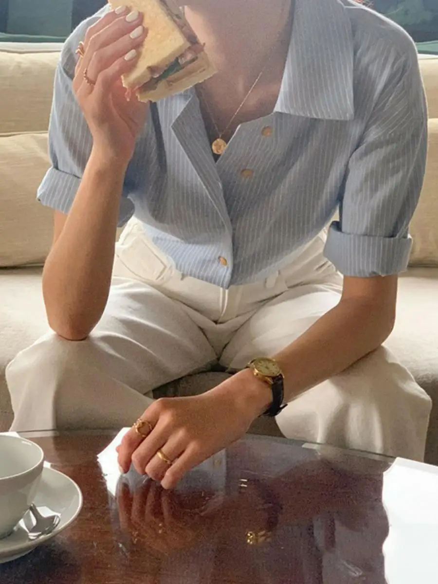 

Casual Baby Blue Striped irt Women's ort Sve Collar Five-Quarter Length Commute Faion Korean Sle Autumn Top