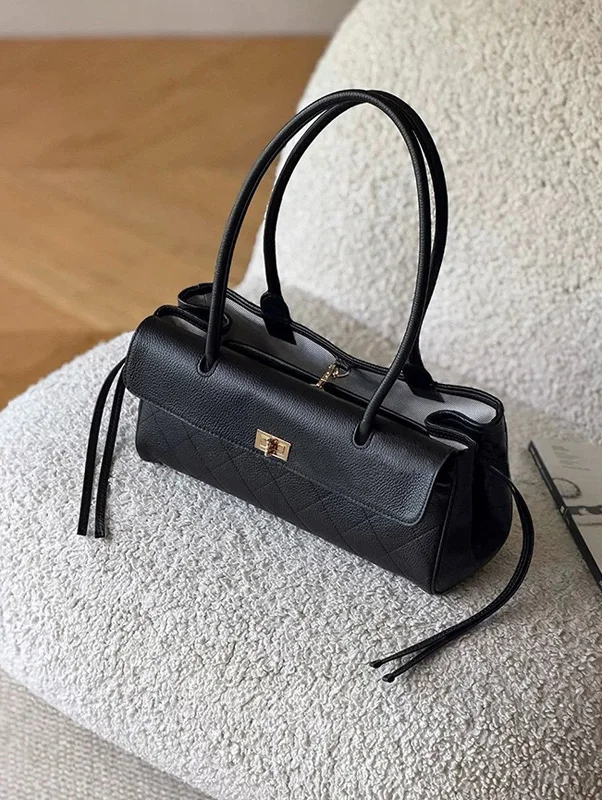 CLAREGQI  2026 New Genuine Leather Quilted Shoulder Bag for Women, Structured Top Handle Handbag, Lock Design Tote Purse, Multip - view 4