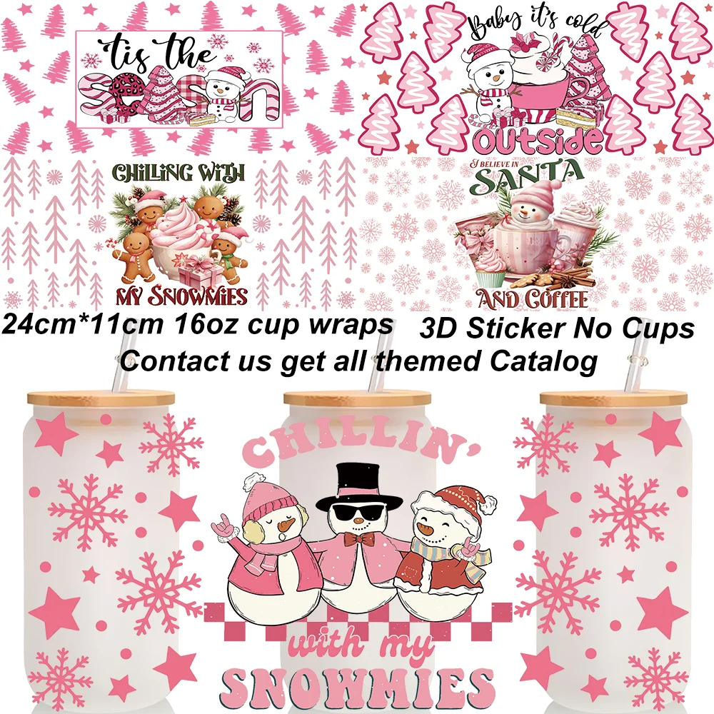 Pink Christmas Snowman UV DTF Cup Wraps 16oz Libbey Glass Can Decals Winter Xmas Tree Cold Transfer Tumbler Stickers No Cups