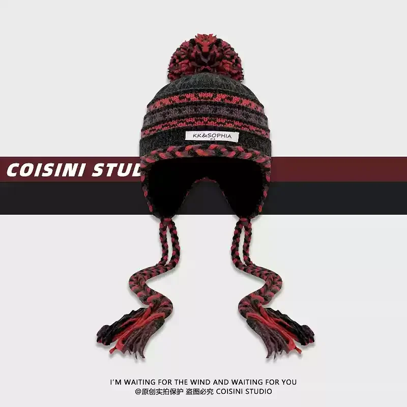 

Винтажные контрастные трикотажные шапки, женские осенне-зимние теплые повседневные универсальные милые шапки с защитой ушей, шапка