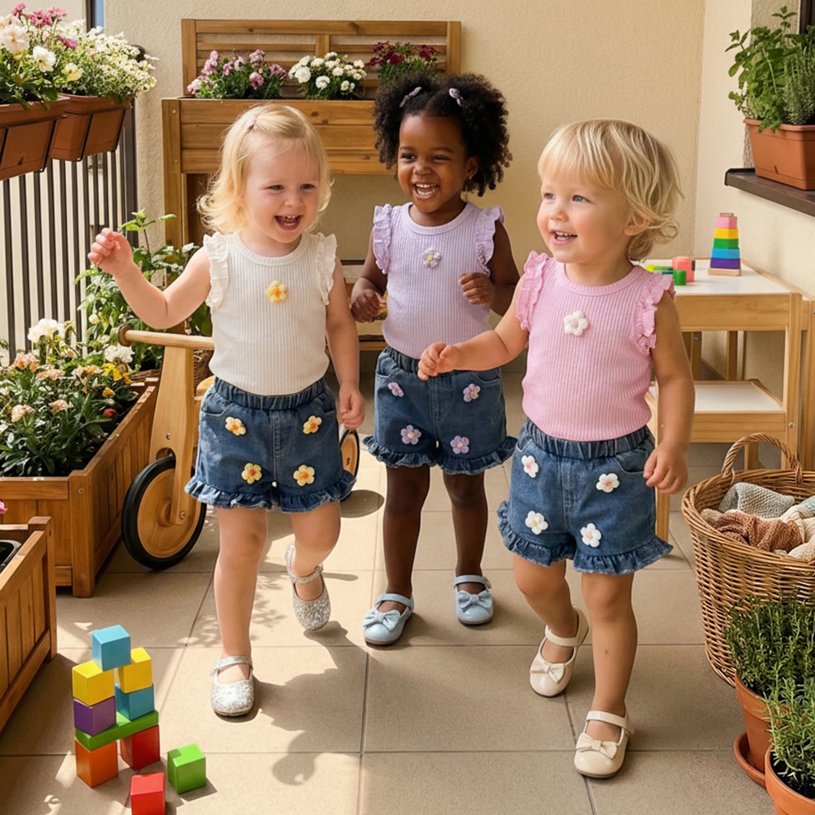 0-4Y Little Girls 2 Piece Outfits Adorable Flower Applique Sleeveless Round Neck Vest Tops Denim Shorts Girls Set