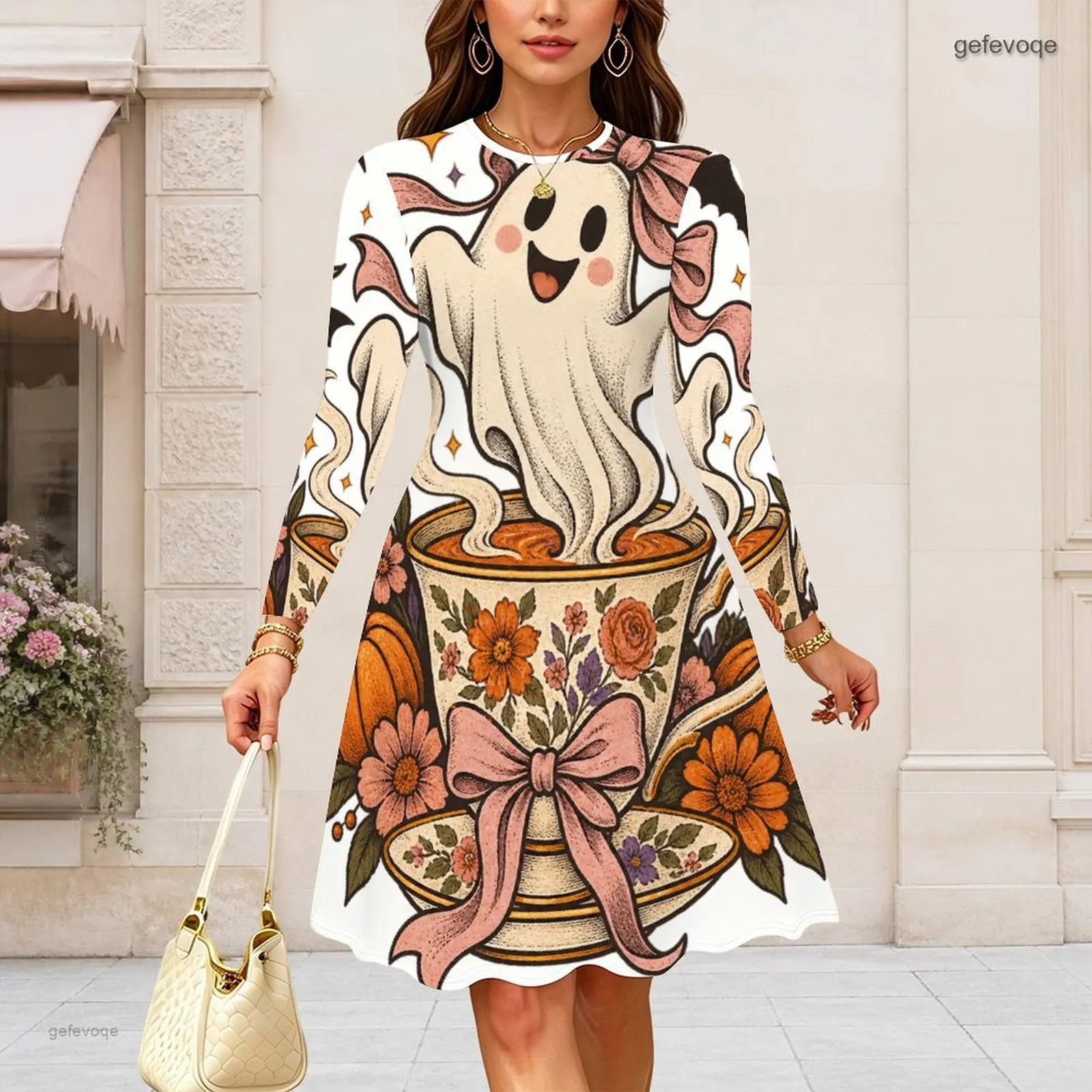 Women Round Neck Long Sleeve Midi Dress Slim Fit Waist A Line Swing Dresses Custom Print Lady Daily Party Dress