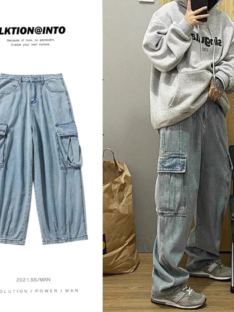 Irabeezt American Vintage Cargo Jeans Men High Street Straight Wide-leg Trousers Women Spring 2022 Fashion Hip-hop Style Trend