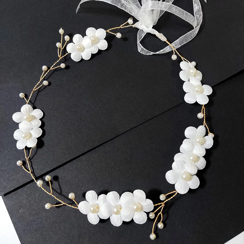 العروس الزفاف اكسسوارات للشعر اللؤلؤ الأرجواني زهرة عقال الفتيات الأبيض الأزهار تاج جارلاند رئيس هوب خوذة الشعر مجوهرات #4