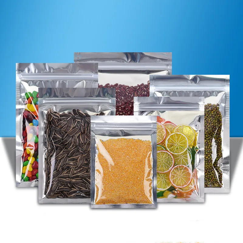 2000Pcs/Lot Transparent Silver Aluminum Foil Bag Zipper Storage Bag Nut Coffee Tea Candy Food Silver Metal Plastic Packaging Bag