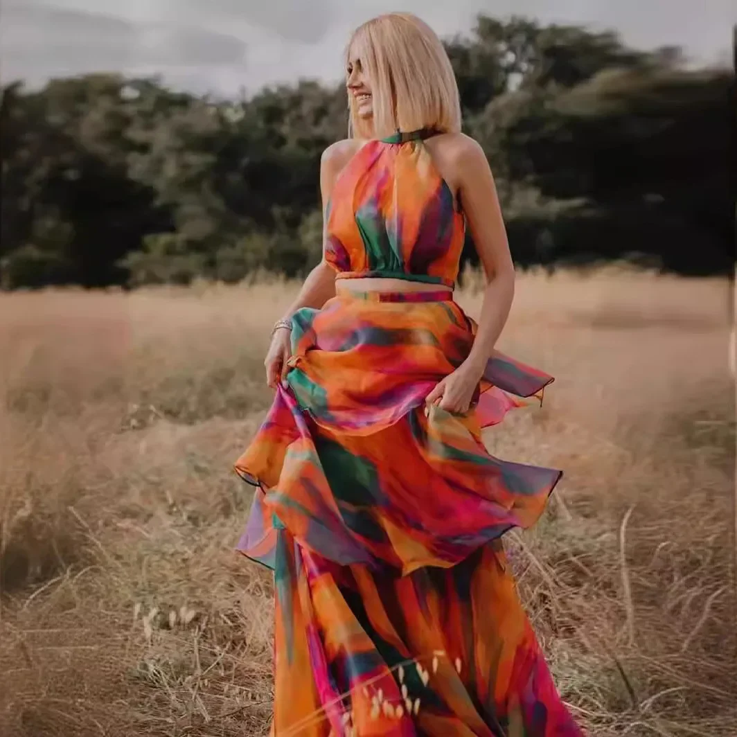 여성용 레인보우 프린트 민소매 허리 버블 케이크 원피스, 정장 롱 루즈 맥시, 여름 패션 의류