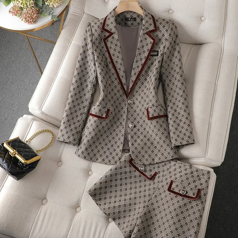 Grey Women Suits Blazer Business Work Wear Pants Female Spring Office Lady Jacket Fashion Elegant Girl Coat Trousers Prom Dress