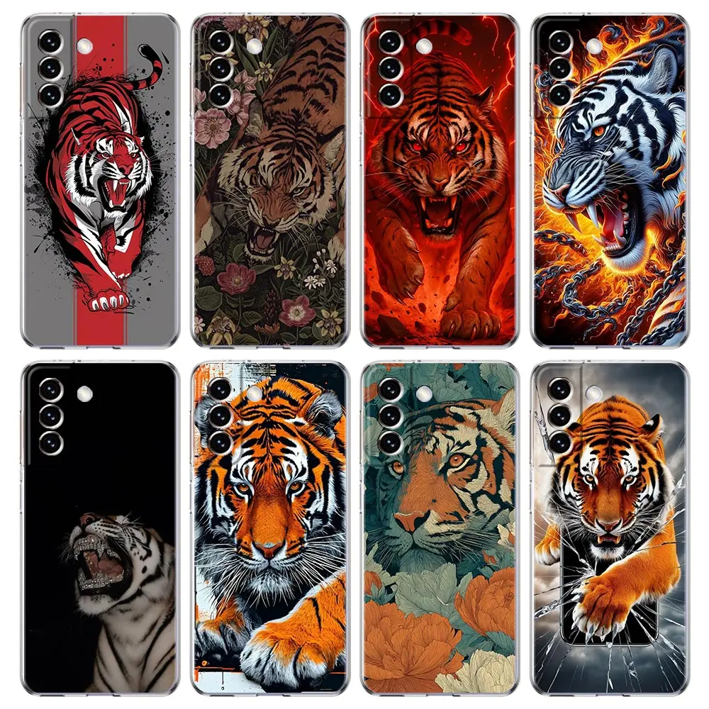 Transparent Cover for Samsung Galaxy S26 S25 S24 S23 S22 S21 S20 FE Ultra S25 Edge S10 Plus 5G Phone Case Cartoon Tiger Pattern