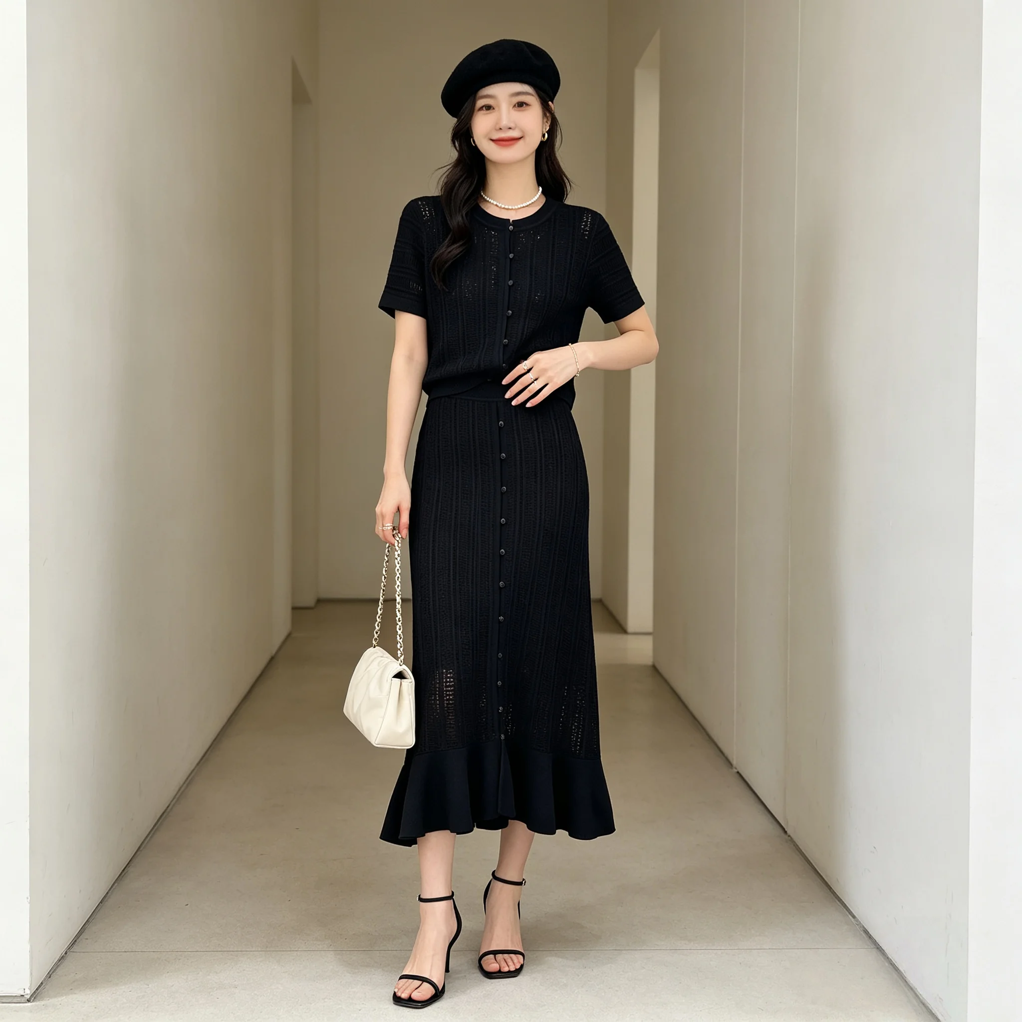 Women Gentle Style Knit Top & Mermaid Skirt Two Piece Set