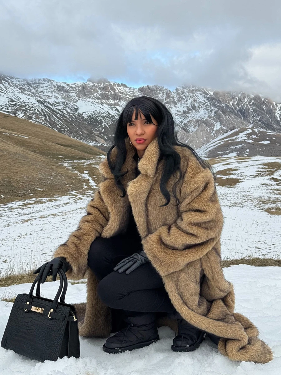 Luxury Camel Fluffy Faux Fur Coat Women 2026 Winter Warm Long Jacket Lapel Collar Open Front Maxi Outwear Elegant