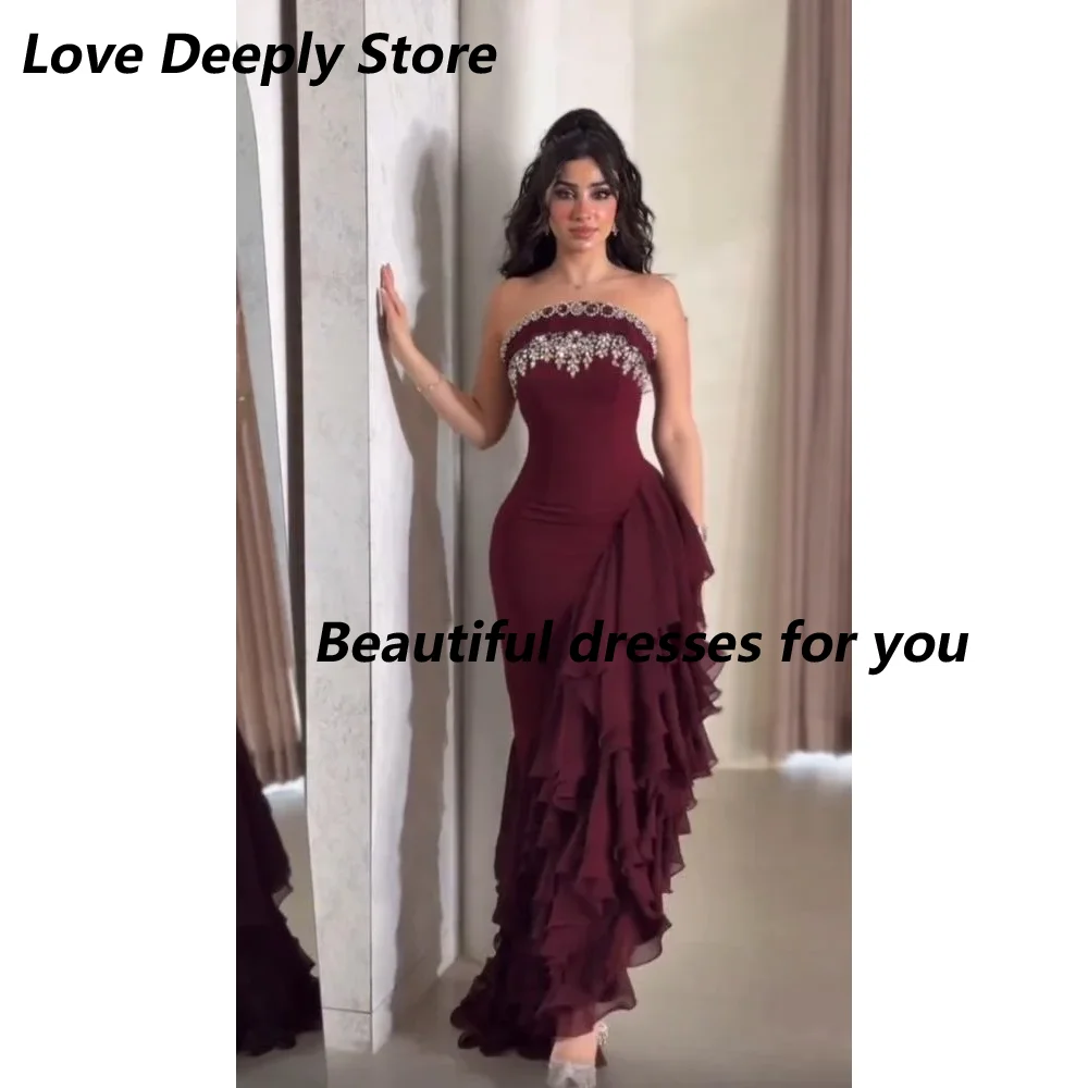 

Burgundy Prom Dresses for Women Strapless Crystal Beading Cocktail Party Gown Elegant Chiffon Ruffles Evening Dresses Customized
