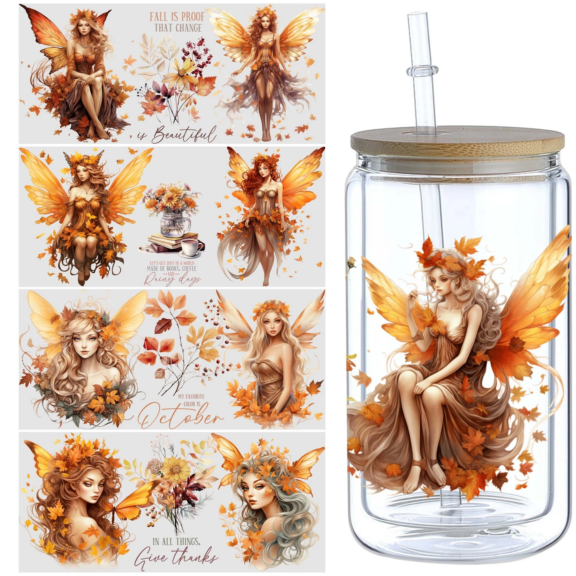 5 Sheets Autumn Fairy Butterfly UV DTF Tumbler Wrap Transfer Stickers,  Wipe-On Transfer Stickers for 16oz Glass