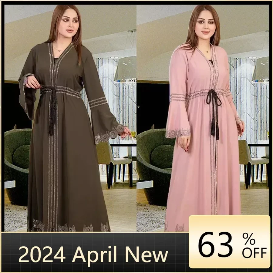 

African Dresses for Women 2024 Summer Elegant African Long Sleeve V-neck Plus Size Long Maxi Dress Muslim Fashion Abaya Dress