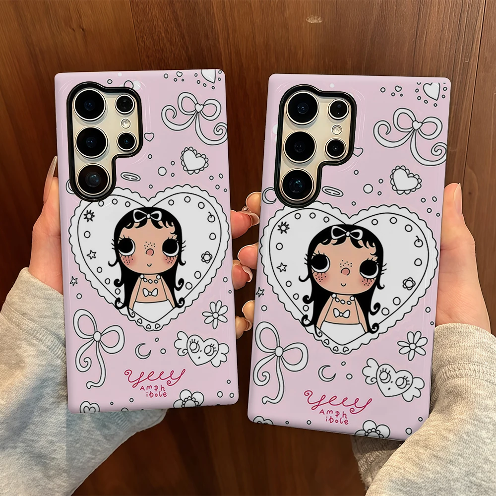 Girl Pink Hearts Bows For Samsung Galaxy Phone Case S23 S20 S25 FE S24 Plus S26 Ultra 2-IN-1 Shockproof Bumper Hard PC