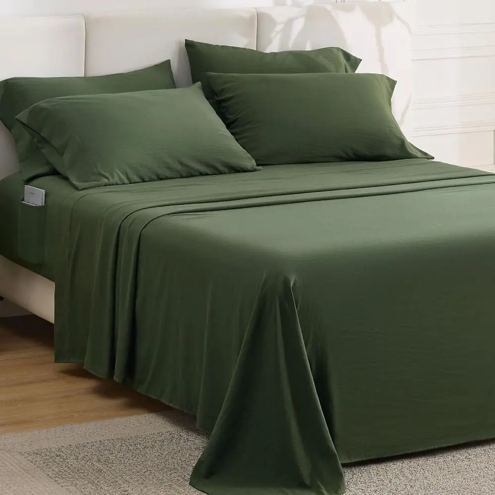 Set Sprei Queen Ultra Lembut 6 Potong, Sudah Dicuci, Cocok untuk Kasur hingga 18 inci, Bernapas & Aman, Kualitas Hotel, Hijau Zaitun