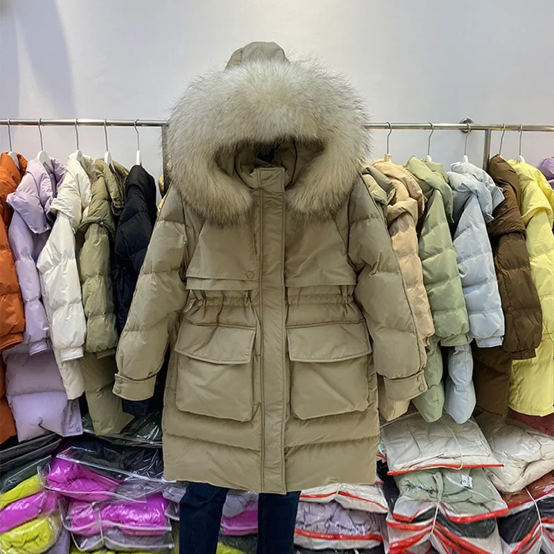 Grand Manteau Long à Capuche en Fourrure de Raton Laveur Naturelle pour Femme, Parka d\'Hiver à 90% de Duvet de Canard, Épaisseur de la Ceinture