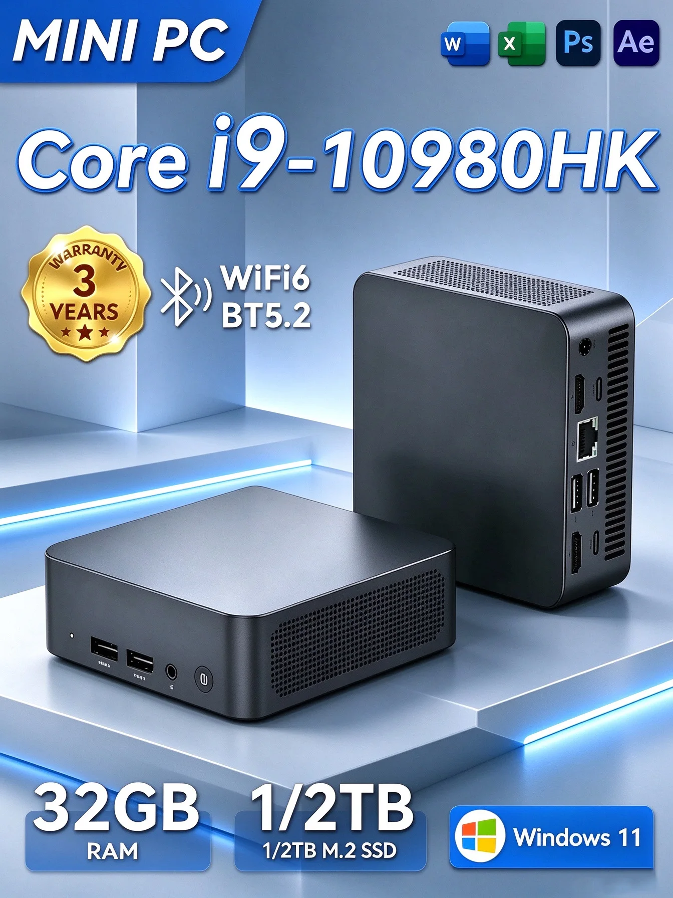 Brandneuer Windows 11 Mini-PC Intel Core I9 10980HK MINI PC 16GB 32GB DDR4 2048GB SSD WIFI 6 BT5.2 Gaming MINI PC