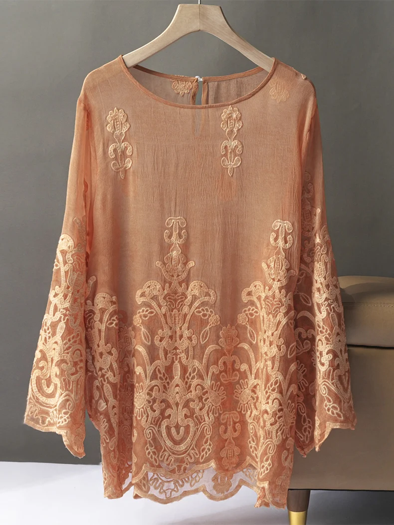 SuyaDream, Women Embriodery Blouses, 100%Real Silk, Round Collar, Loose Shirts, 2024 Spring Summer Elegant Top, Orange