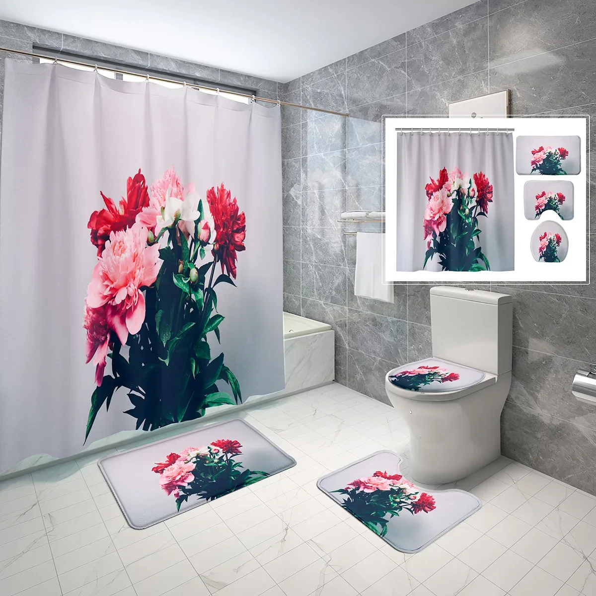 4 Pcs Peony Shower Curtain Sets Beautiful Purple Flower Plants Non-Slip Bath Mat Toilet Cover Waterproof Shower Curtain Set