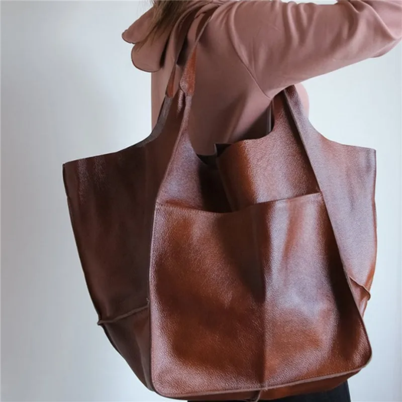 Casual Soft Large Capacity Tote Women Handbags Look Luxury PU Leather Shoulder Bag Retro High Quality Shopper Purses