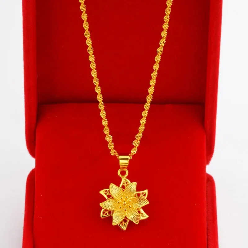 High Quality Gold Neck Jewelry 9999 Real Gold 24K Gold Lily Necklace Pendant Flower Pendant Pure Gold Womens AU750