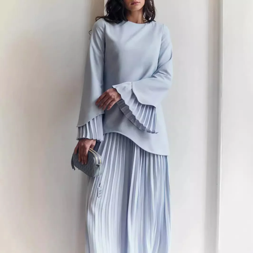 

Patchwork Long Dress Set Women O-Neck Flare Sleeve Pleated High Waist Slim Elegant Solid Spring Summer Autumn 2 Piece Lady Robes