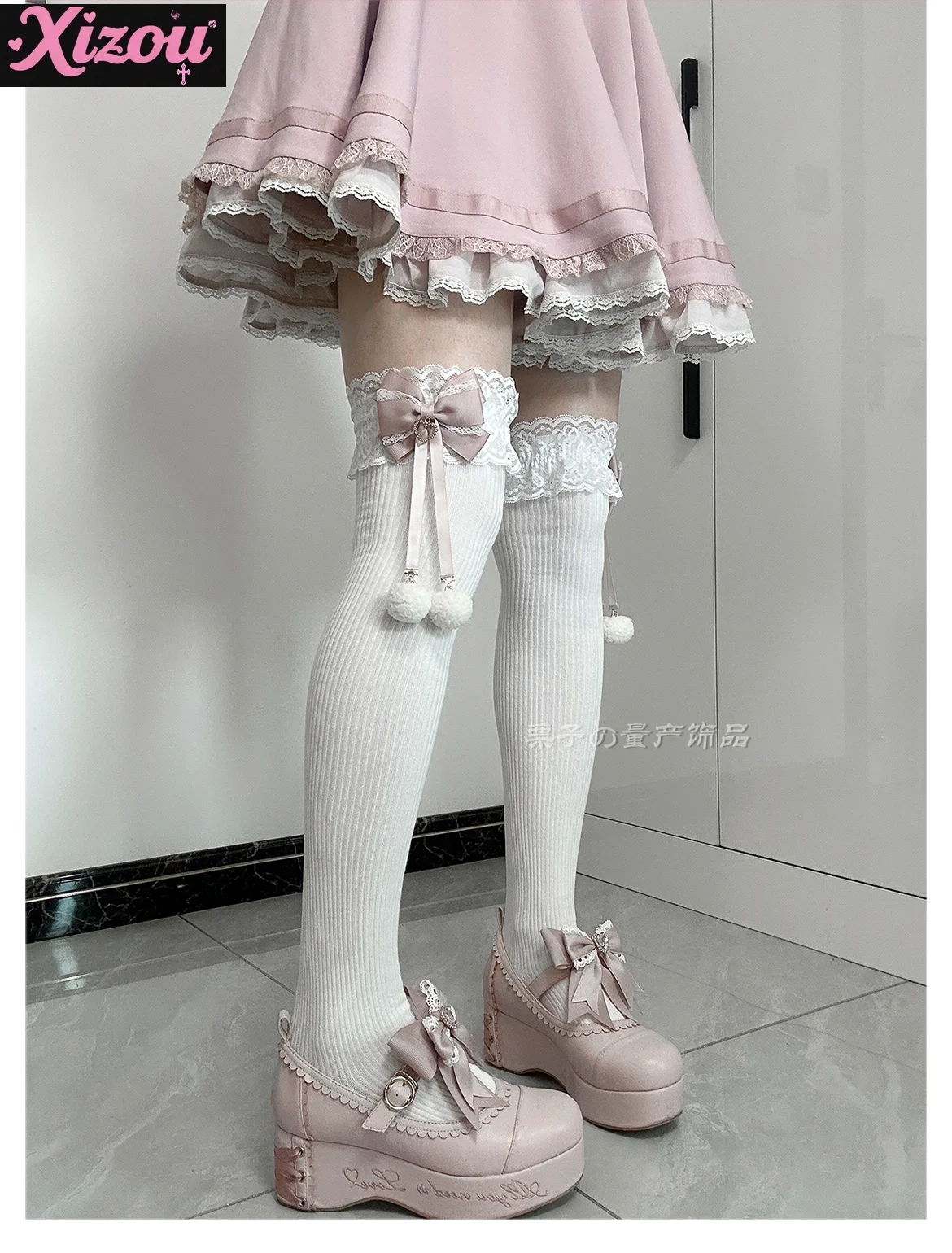JK Girl Socks Japanese Mine Series Mass-produced Long Tube Hairball Bow Thigh High Socks Lolita Knee High Socks Lace Stockings