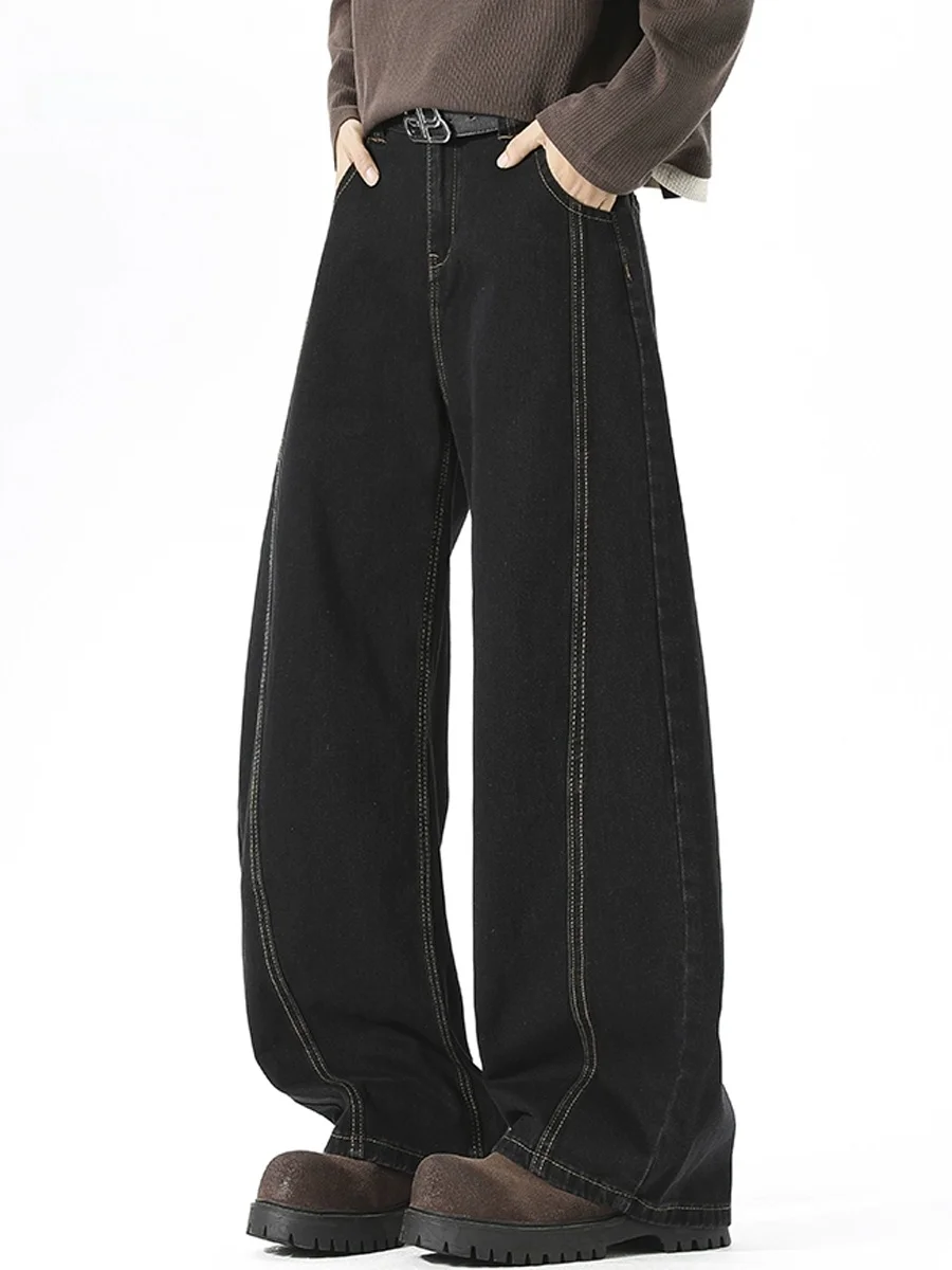 

Retro American Splicing Wide Leg Straight Cut Men's Jeans Autumn CleanFit Vintage Denim Pants Casual Loose Fit Trousers