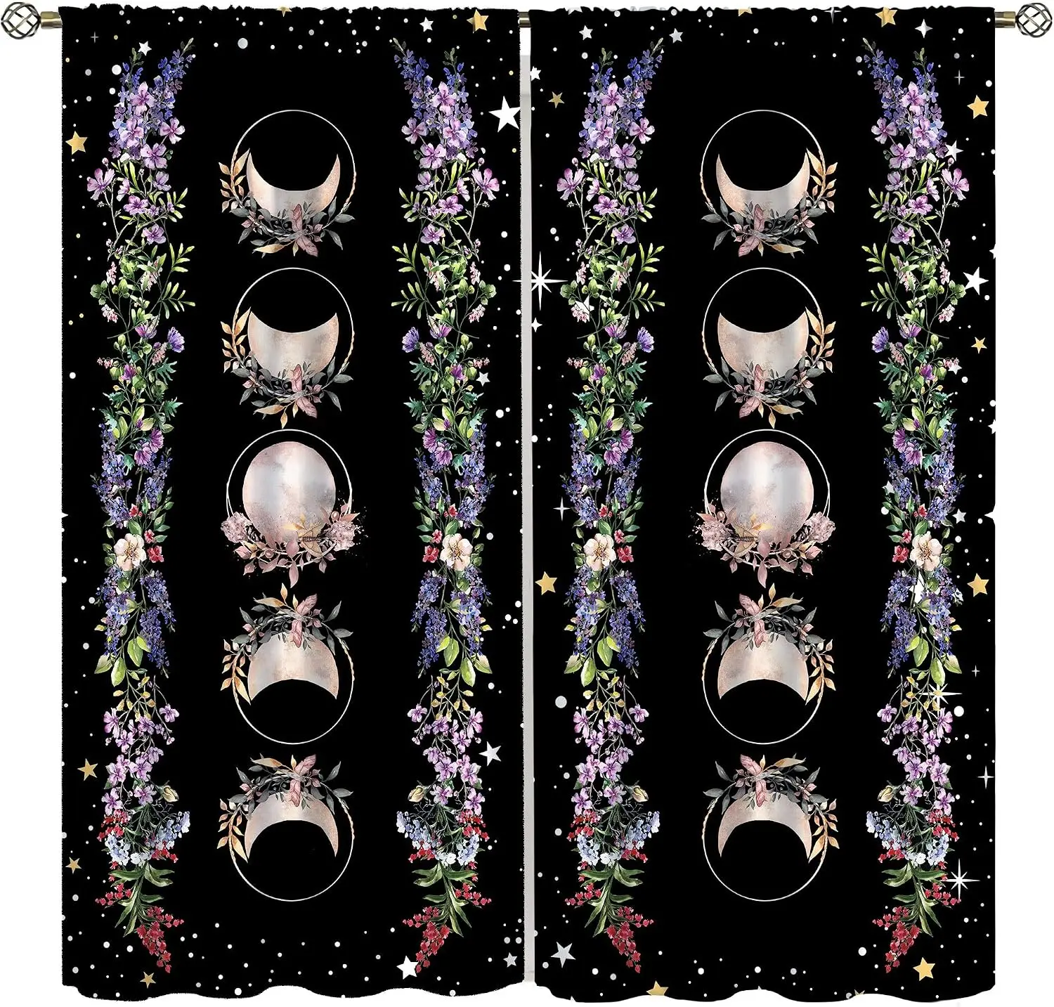 Aesthetic Bohemian Floral Moon Crescent Wreath Garland Curtain Black Window Drapes Home Decor Boho Art Wall Hanging Luxury Curta