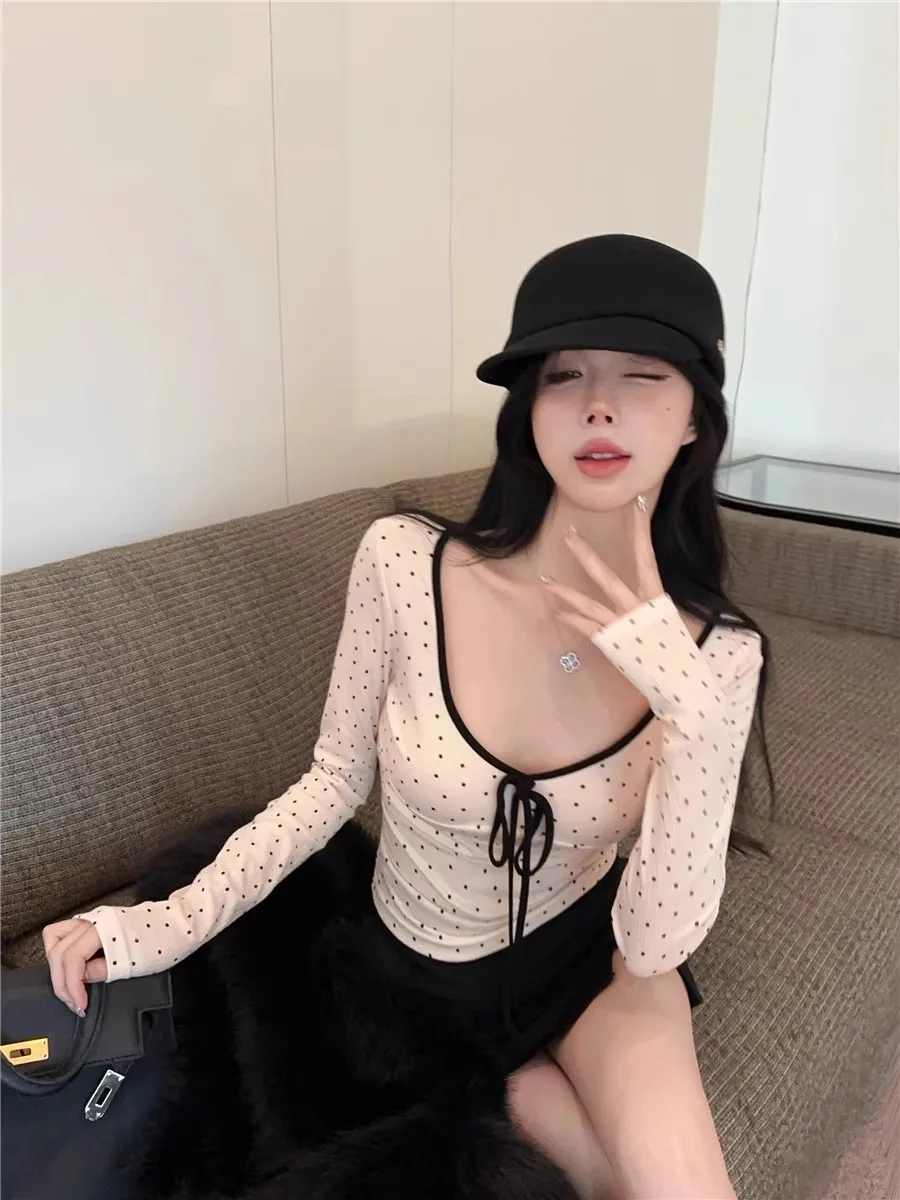 

Женская футболка в горошек с длинным рукавом, весна-осень-зима, базовая одежда, с поясом-узлом, чисто женственная, соблазнительная...