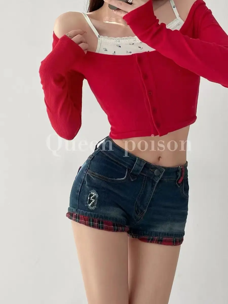 Retro College-stijl gesplitst ​ ​ Geruite denim shorts voor dames zomer sexy lage taille strakke afslankende korte heupbedekkende hotpants