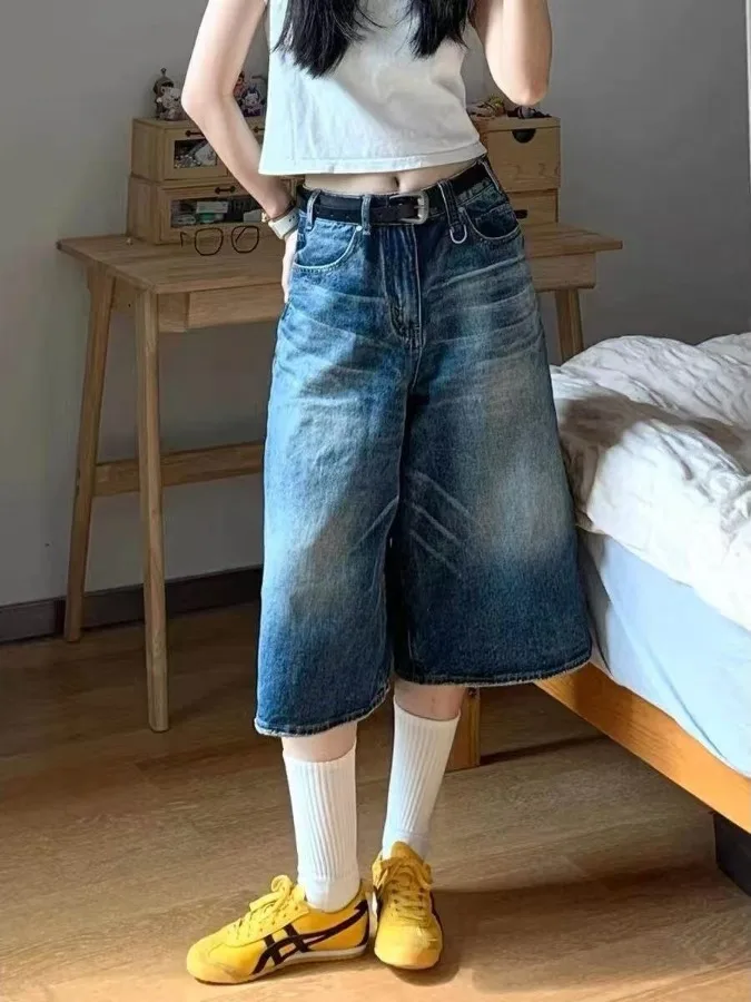 

Retro American Washed Wide Leg Denim Shorts Women's Summer Loose Five Seven Pants High Waist Commute Style Pure Color