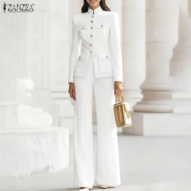

ZANZEA Women's Elegant Pant Suits Vintage Stand Collar Long Sleeve Top & Casual Pant 2 Pieces Sets Commuting Work Wear Outfits