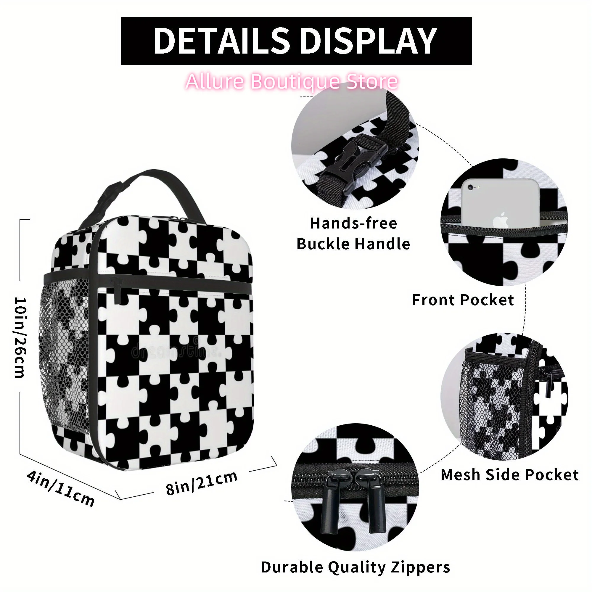 1pc, Puzzle Pieces Creating a Checkerboard Design. Thermal Printed Bag, Insulation Bag, Insulated Carrier, Not for Food Contact,