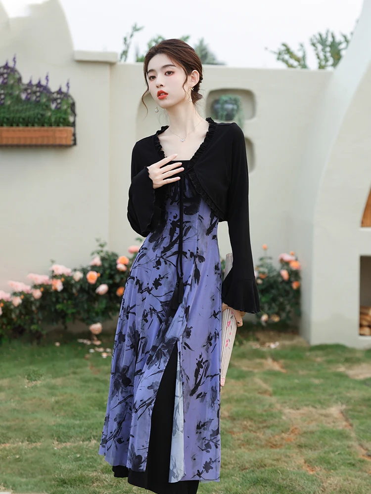 Elegant Women Summer Dress Set Lace Long Sleeve Bandage Cardigan + Ink Printed Patchwork Split Slip Dresses 2Pcs New Chinoiserie