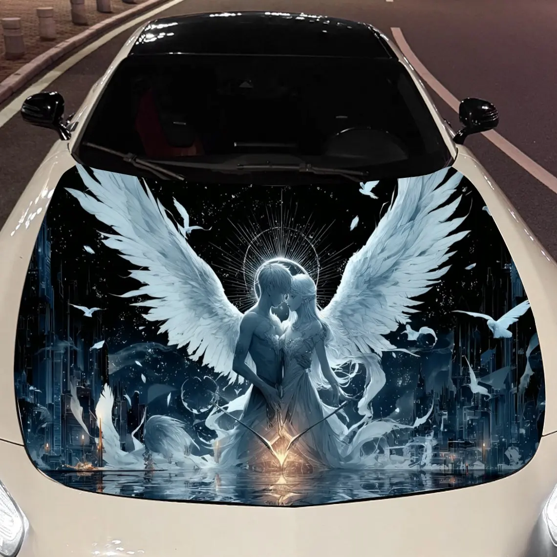 

Starlight Blazing Winged Angel Love Car Vinyl Wrap, PVC Material Waterproof Car Hood Sticker, Self-Adhesive Scratch-Resistant St