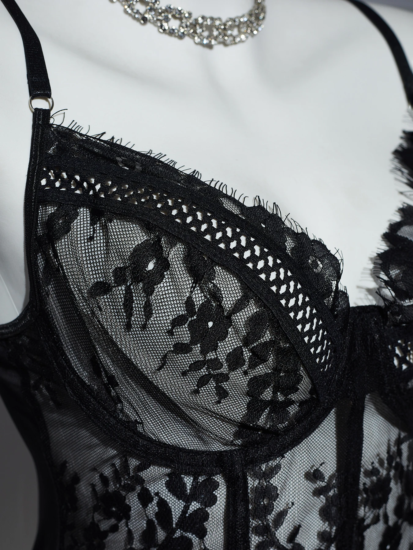 A1 Women Black Sheer Floral Lace Bustier Bodysuit With Garter Straps Underwire Push Up Sexy Lingerie Corset Shapewear view 6