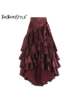 TWOTWINSTYLE jednolita, patchworkowa, z falbankami asymetryczne spódnice na głównej ulicy dla kobiet wysokiej talii Temperamentowe spódnice imprezowe kobieta nowość