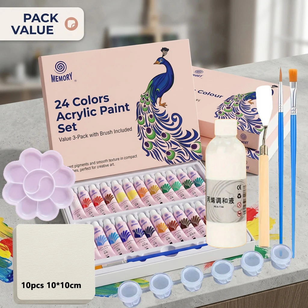 24-Color 5ml Acrylic Painting Set with Scraper Mixing Palette 10 Sheets Watercolor Paper 100ml Blending Liquid 2 Oil Brushes Pig