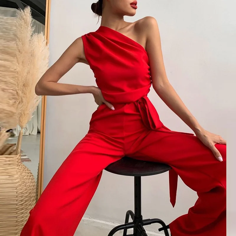 Fashion Casual High Street Slim Solid Jumpsuits Women Sexy Skew Collar Backless Jumpsuit Spring Summer Sleeveless Lace-Up Romper