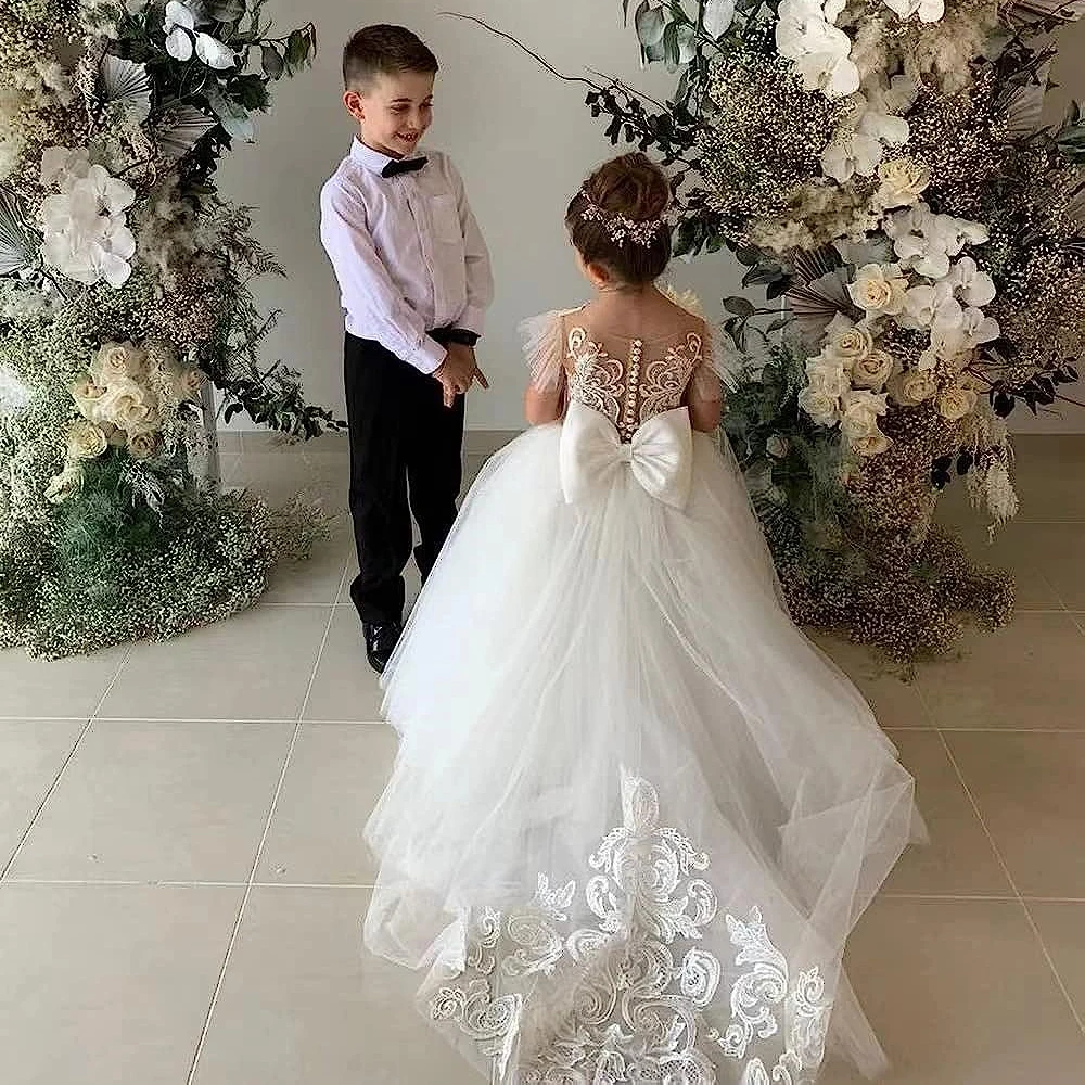 Vestidos menina florista com trem longo de renda, Manga Alarme, Costas borboleta, Vestido de festa de casamento princesa, 2021