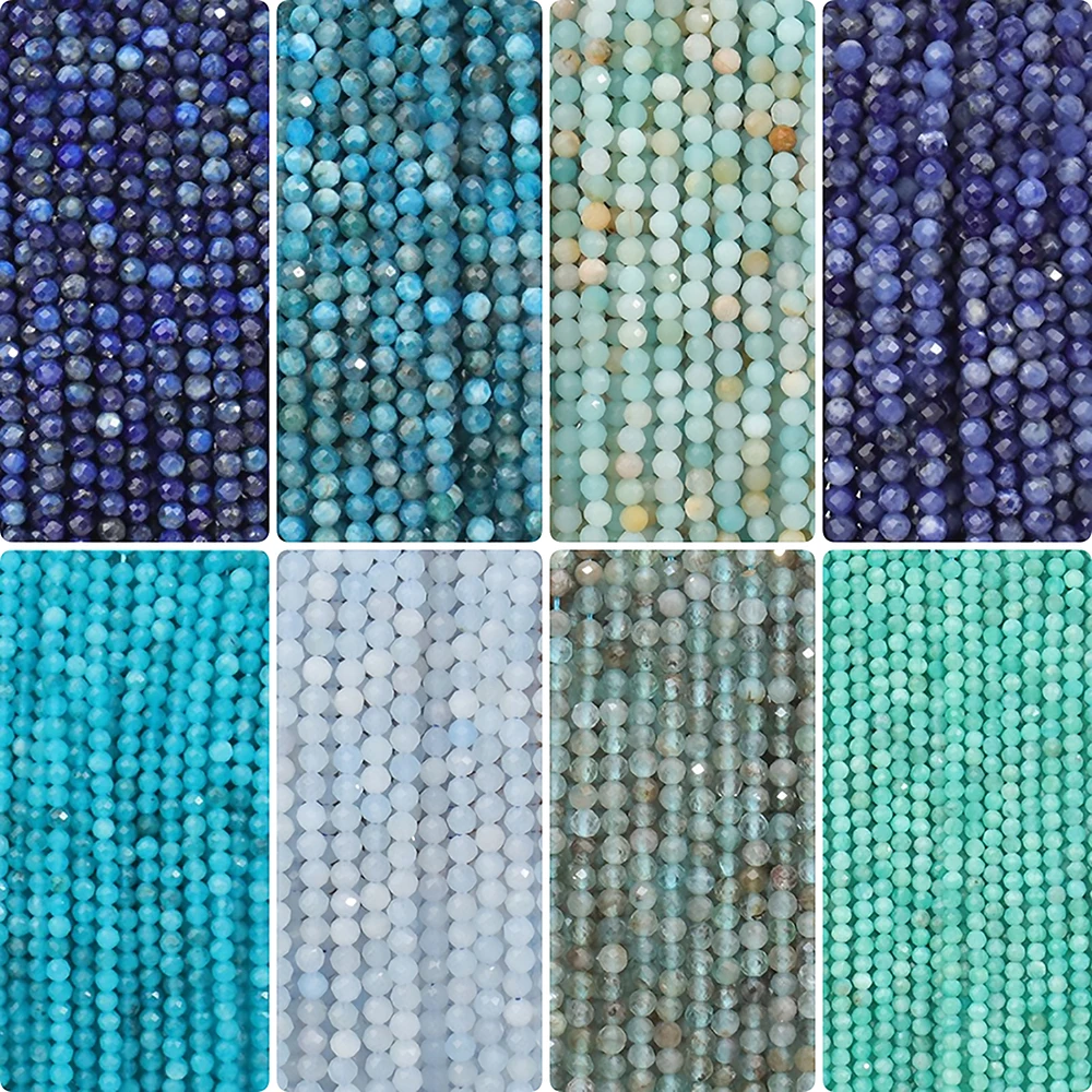2 3 4 mm blaue winzige Steinperle, facettiert, Aquamarin, Amazonit, Lapislazuli, rund, lose Distanzperlen, DIY-Armband, Schmuckherstellung, 15\'