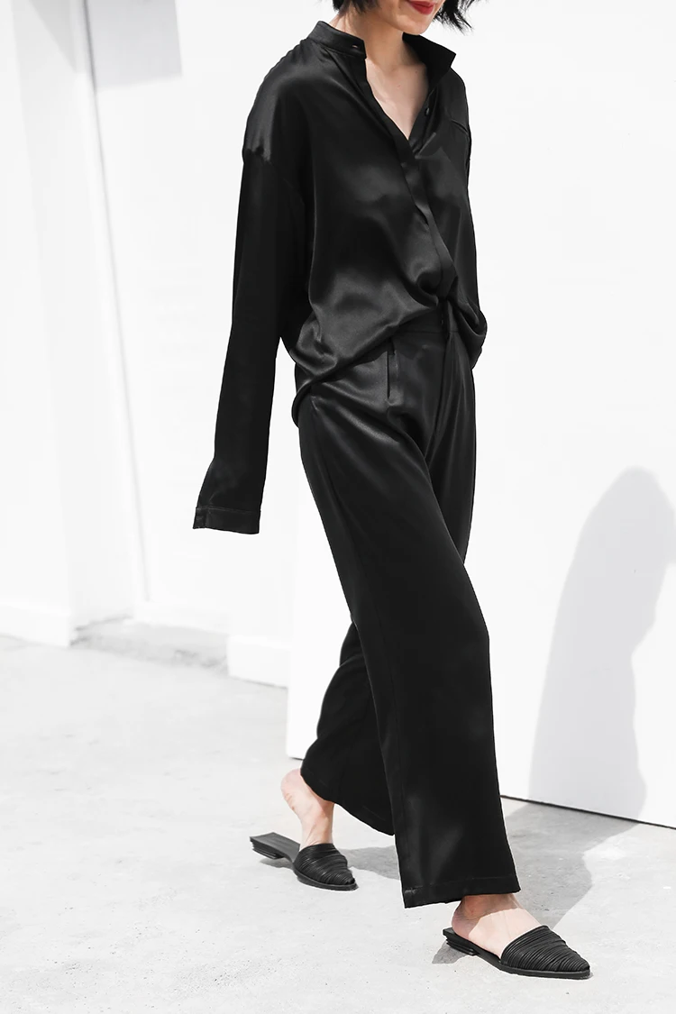 Luxo amoreira seda camisa feminina preto seda manga longa temperamento blusa brilho brilhante casual moda feminina primavera verão