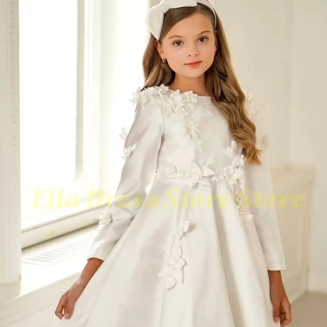 Großhandel Satin O-Ausschnitt Langarm-Kleid Rock Applikationen Blumenmädchenkleid für Hochzeitszeremonien Geburtstagsfeier Urlaub – Detail 4
