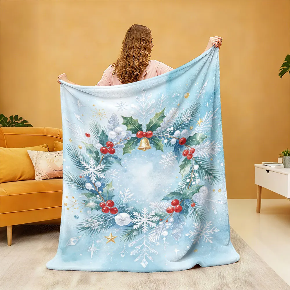 Christmas Red Fruit Bell Pine Needle Snowflake Wreath Flannel Blanket Multi Size Soft Sofa Throw Nap Blanket For Office Brea
