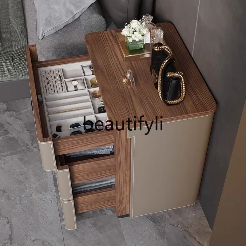

ZXQSaddle Leather Bedside Table Italian Style Home Bedroom Jewelry Storage Cabinet with Fingerprint Lock