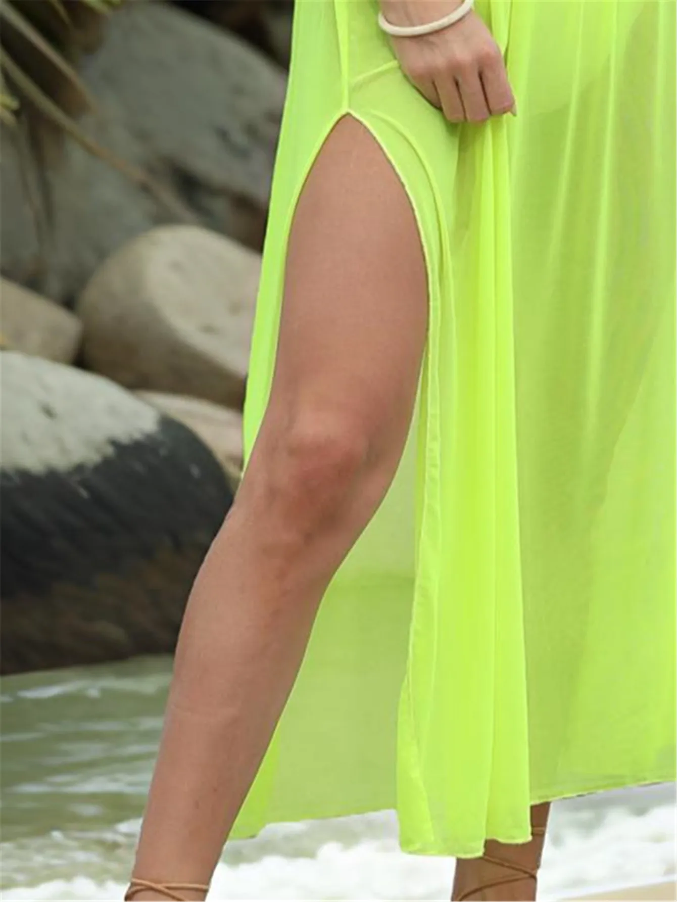 Supper ยาว Beachwear นีออนสีเขียวชุดหรูหราแยก Beach Cover Up สตรีลึก V กลับ Sundress ชุดว่ายน้ํา Cover Up Bathr