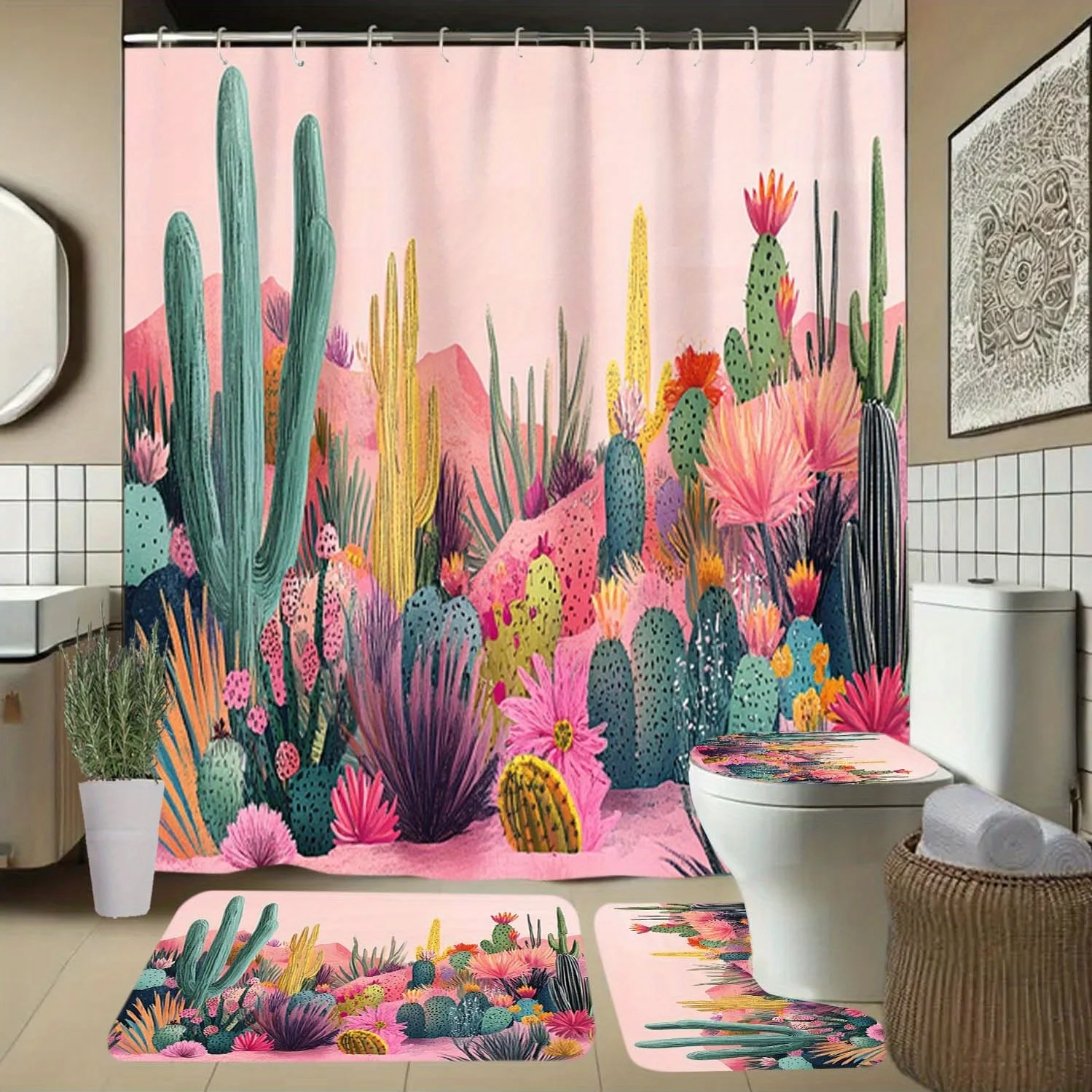 

4pcs Cactus, Desert Plant Pattern Shower Curtain with Hooks, Bathroom Partition Curtains, Home Decor Accessories, All-Season