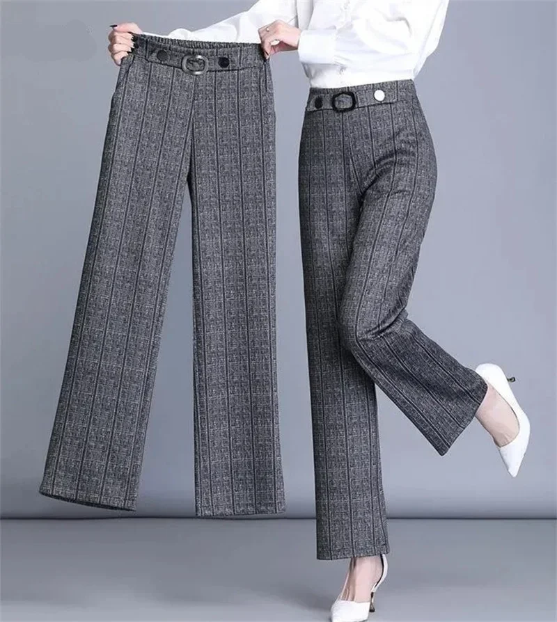 Plaid Office Straight Pants Women Big Size 4xl Korean Casual Baggy Pantalones High Waist Formal Wide Leg Trousers New LJ283